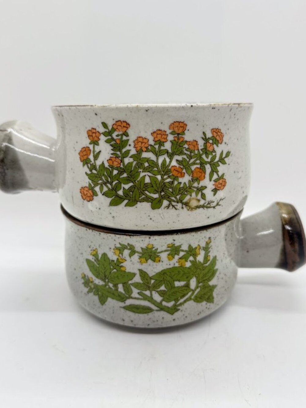 Vintage 1970s Takahashi Herb Wildflower Handle Bowls Speckled Stoneware Pottery